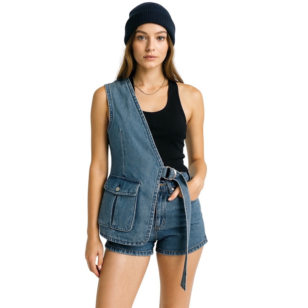 Zara Asymmetric Denim Vest One Shoulder Blue Belted Cargo Pocket XS-S Chic 98-02